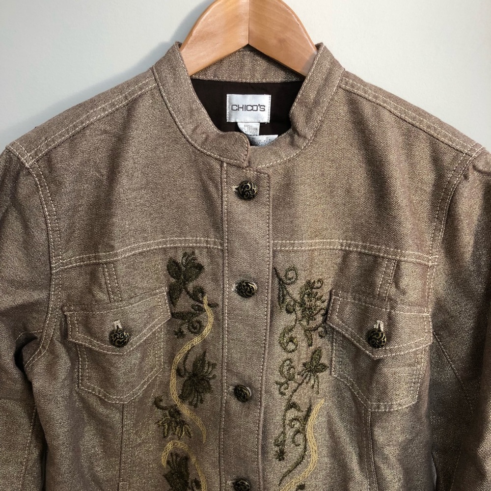 Chico's Sparkle Jacket Brown Embroidered Stitched - Picture 2 of 8